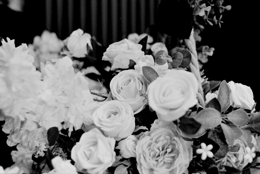 black and white photograph of a bouquet of flowers