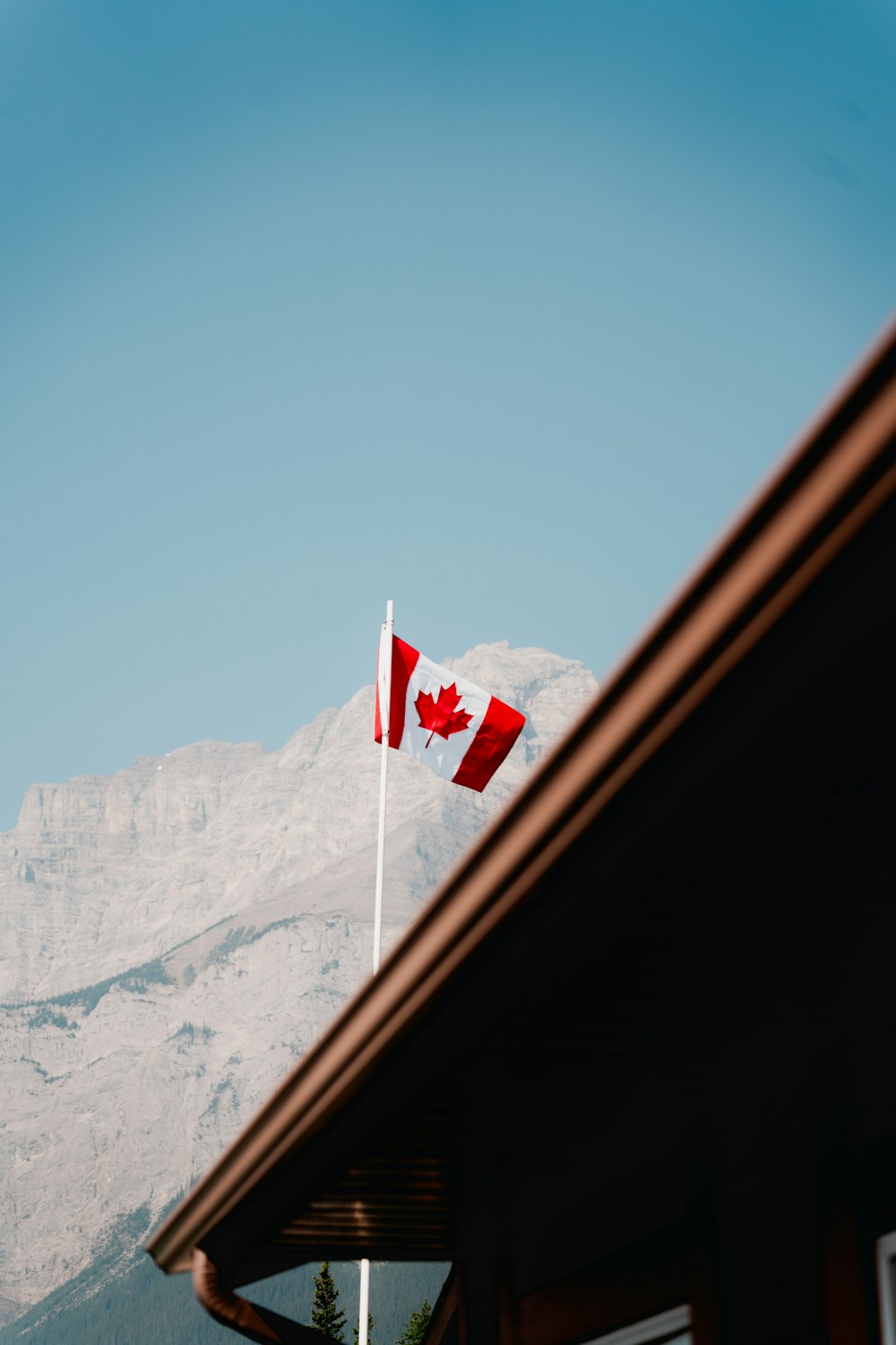 two canadian flags flying in front of a mountain