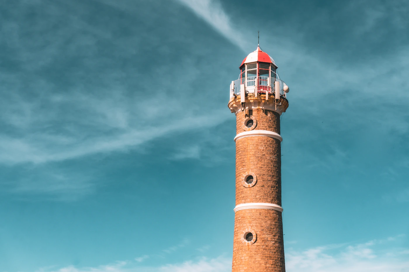 The brick lighthouse tower of Jose Ignacio against a clear blue Uruguayan sky
