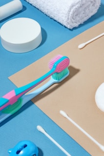 A vibrant bathroom scene featuring various dental care products.