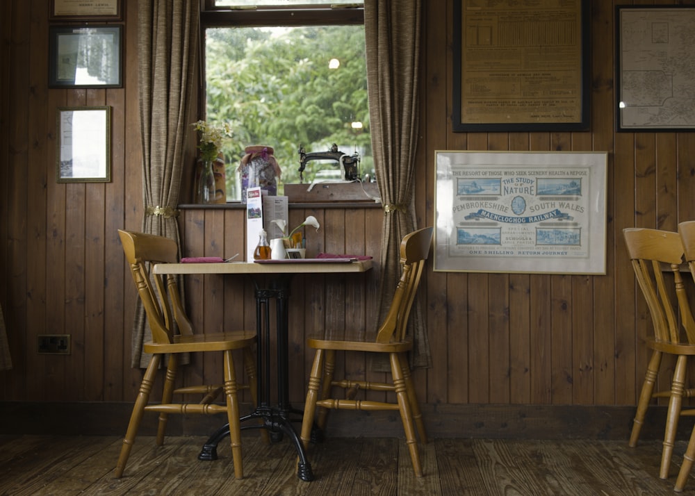 a table and chairs in a room with wood paneling