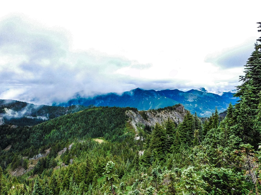 a view of a mountain range with trees and mountains in the background