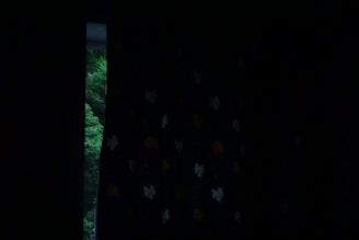 A cozy room featuring zebra blinds partially open to reveal a garden view.