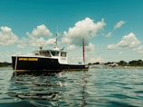 A boat named 'Anne Marie' is floating on a calm body of water under a partly cloudy sky. The boat is prominently featuring its name and registration number on the side. In the background, a coastline is visible with some trees and buildings.
