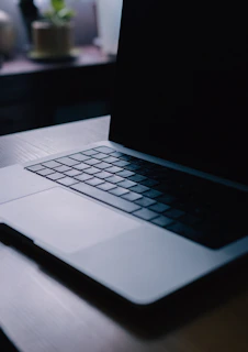 A sleek black laptop on a dark wooden desk with a small neon plant beside, glowing softly.