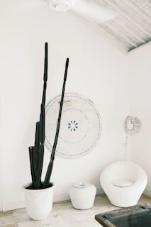 Minimalist modern living room corner with elegant plant stands and designer pots