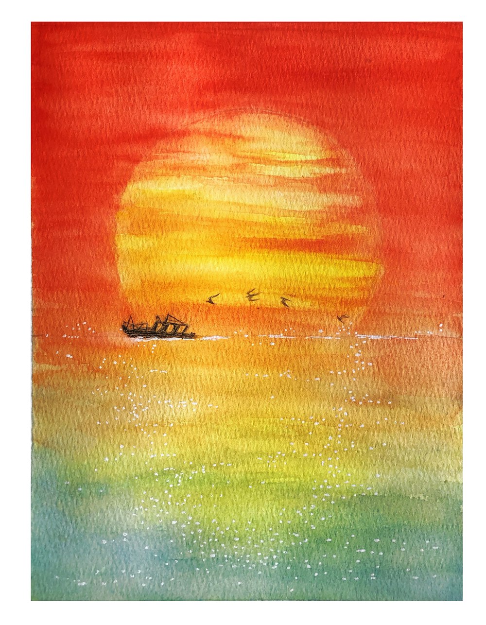 Una pintura de un barco en el océano al atardecer
