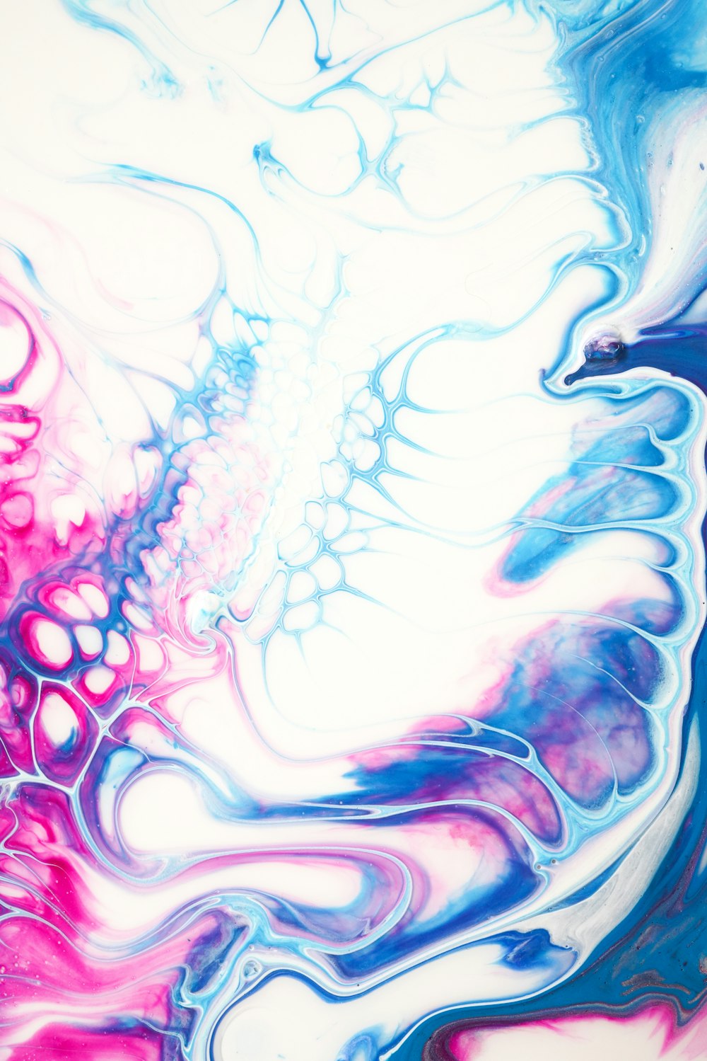 an abstract painting with blue, pink, and white colors