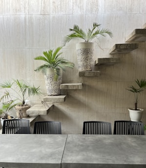 A modern, minimalist indoor space featuring a concrete staircase with potted plants on the steps and a large, light-colored stone wall in the background. Below the staircase, there is a sleek grey table with several black chairs.