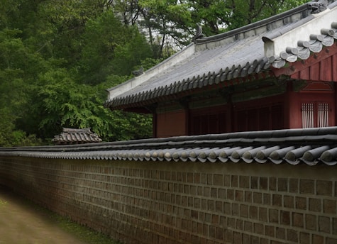 A traditional Asian architectural structure with grey tile roofing and an ornate design stands behind a stone wall. The lush green foliage of trees surrounds the building, adding a serene and natural backdrop.