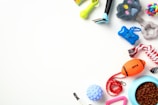 An assortment of pet toys and accessories arranged on a white background. Items include a rope chew toy, a blue feeding bowl filled with kibble, an orange football-shaped toy, a green spiky toy, a small rubber ball, a pair of grooming tools, and a colorful rubber knot ball.