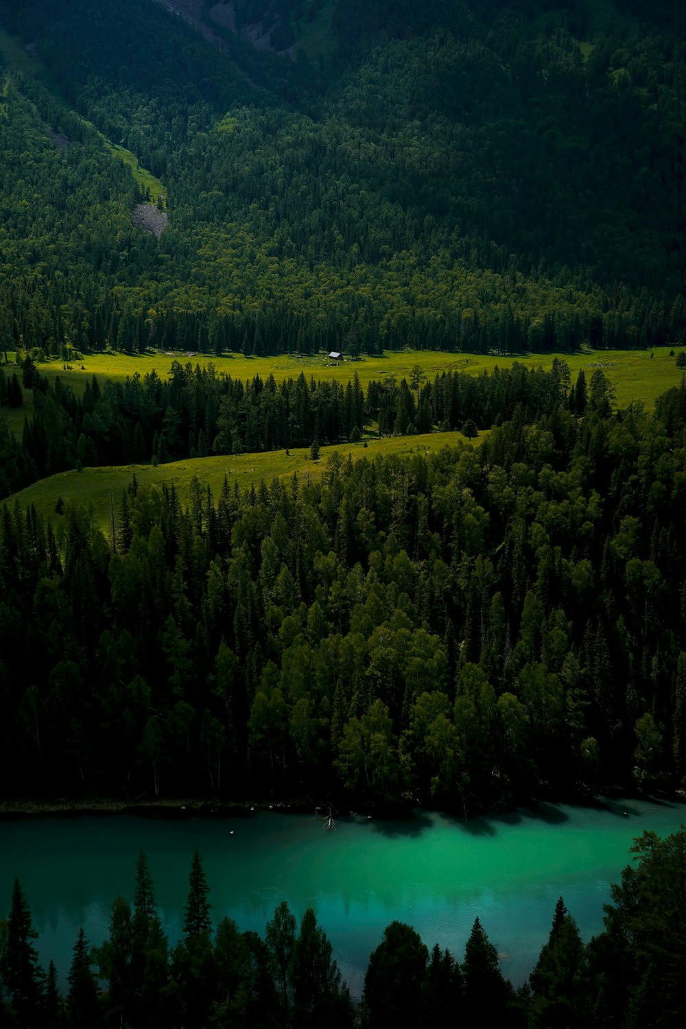 a green river surrounded by trees and mountains