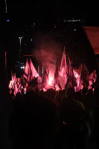 A cinematic view of a large crowd at a Kerala political event under dramatic lighting.