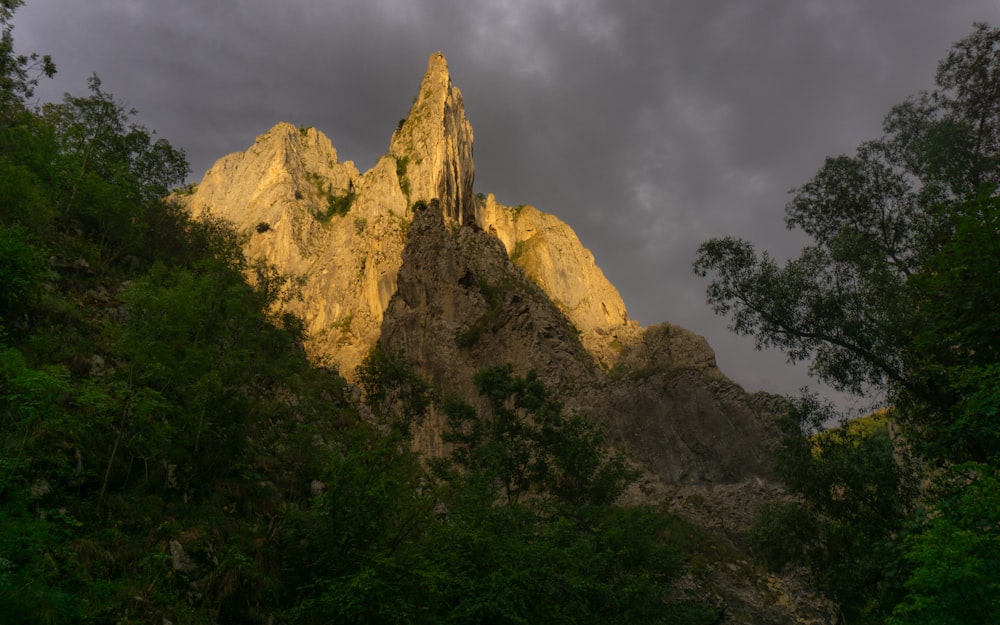 a very tall mountain surrounded by trees under a cloudy sky