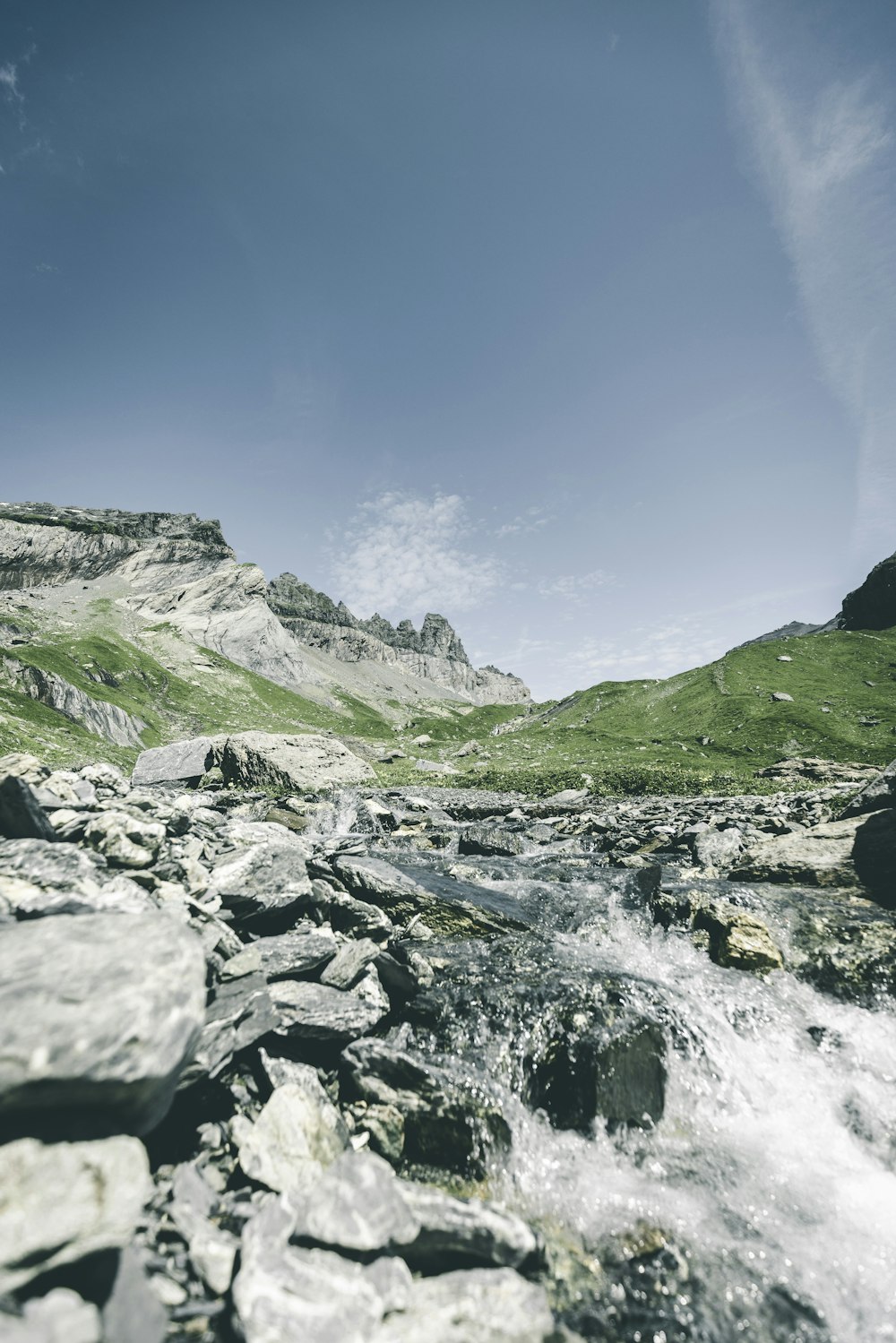 a river running through a lush green valley