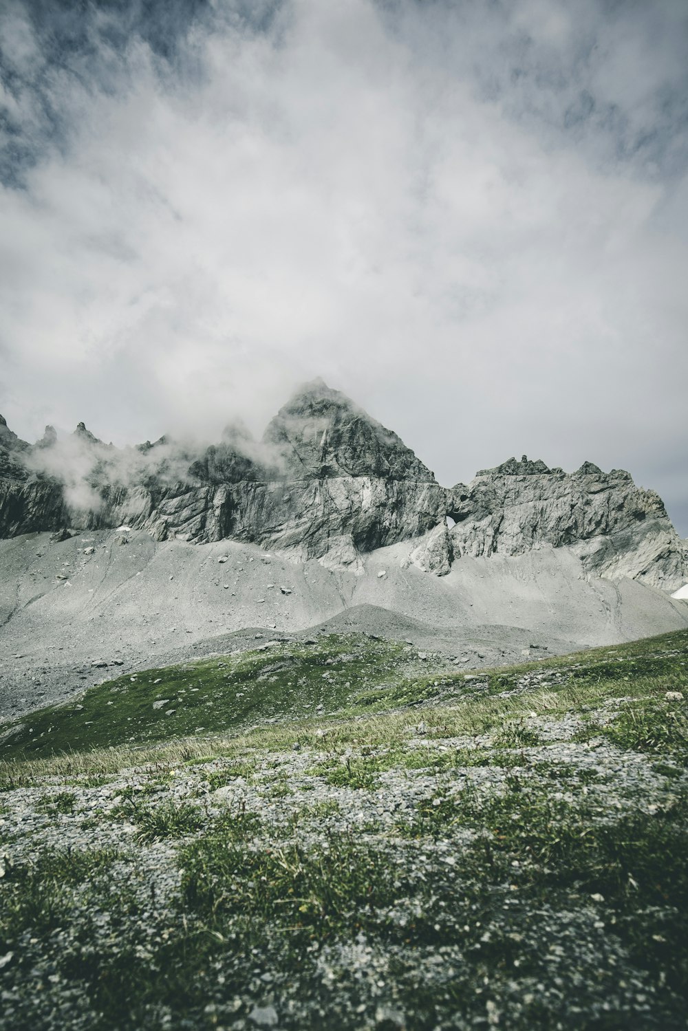 a grassy field with a mountain in the background