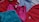 Several sports tank tops in an assortment of colors including red, pink, blue, and turquoise, arranged overlapping one another. The tops feature logos from different brands.