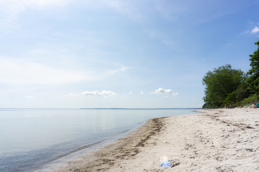 a sandy beach next to a body of water