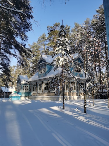 A wooden house with intricate designs sits amidst snow-covered surroundings, with tall pine trees casting long shadows on the white ground. The house is painted blue with white accents, creating a striking contrast against the clear blue sky. Snow blankets the roof and branches, adding a serene winter atmosphere.