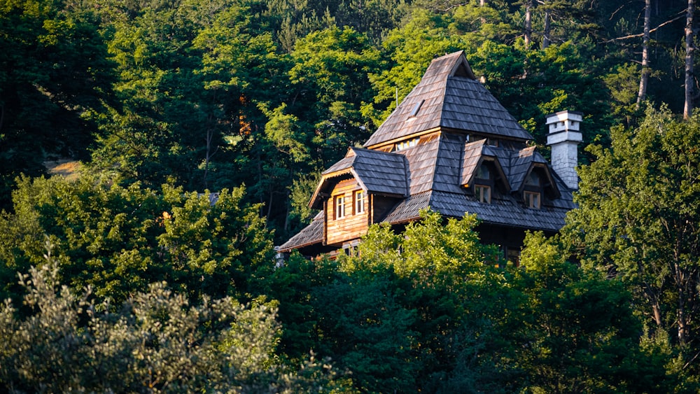 a house in the middle of a forest surrounded by trees