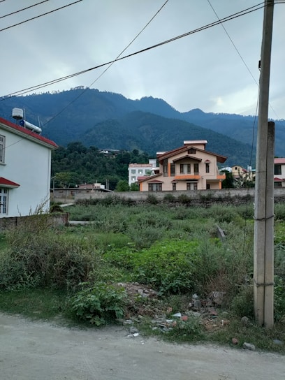 Two residential houses with red roofs are situated near a grassy field, backed by lush, green mountains under a cloudy sky. Power lines stretch across the scene, and a dirt path runs in the foreground.