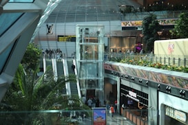 A modern indoor shopping area with lush greenery and high-end retail stores. An elevator and escalators lead up to the upper levels, while prominent brand logos are visible on the walls. There is a noticeable glass and steel architectural design with natural light streaming in.