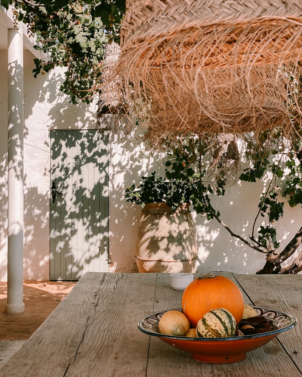 a bowl of fruit sitting on a wooden table