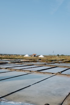 A desalination plant with modern equipment surrounding a clear blue ocean.