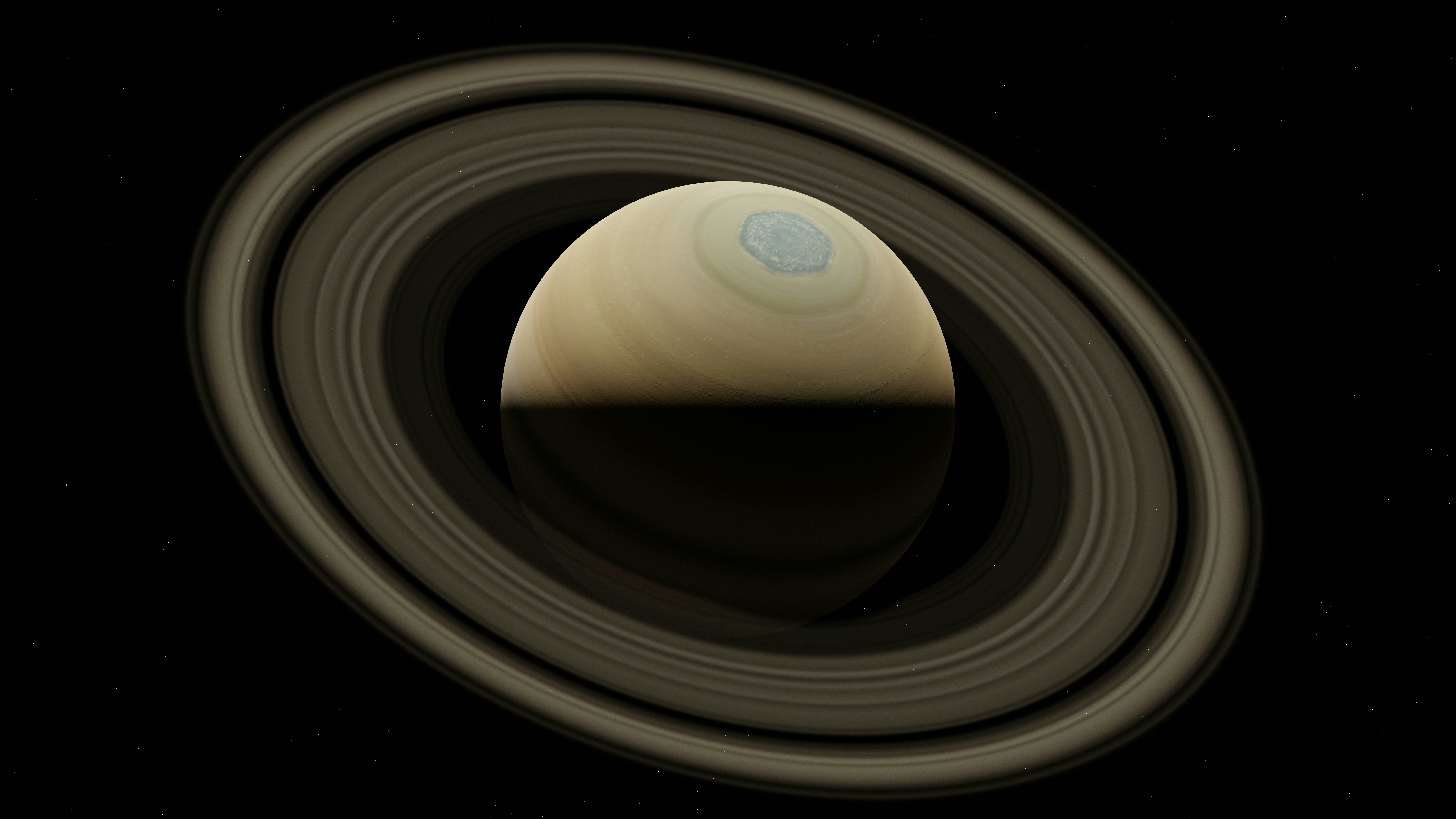 Saturn planet with rings, deep black space background, dim atmospheric light, moody cosmic setting