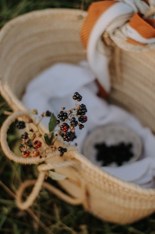 Freshly harvested berries and seeds spilling from a woven basket onto a linen cloth.