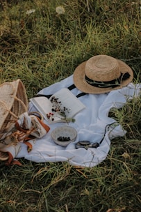 A serene picnic setup in a grassy area features a straw hat, a woven basket, an open book, a white cloth, a bowl with blackberries, a branch of berries, a scarf with a colorful pattern, and a pair of eyeglasses.