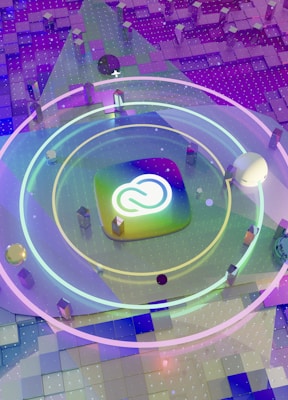 A colorful and futuristic digital artwork featuring a central logo surrounded by concentric neon rings. The background consists of a gradient of squares in purple and blue tones, with floating geometric shapes and a scattering of small lights.
