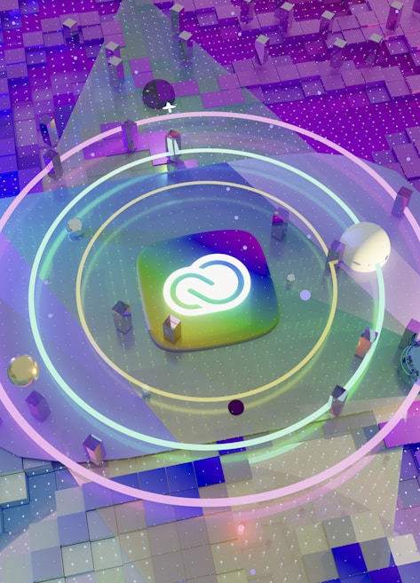 A colorful and futuristic digital artwork featuring a central logo surrounded by concentric neon rings. The background consists of a gradient of squares in purple and blue tones, with floating geometric shapes and a scattering of small lights.