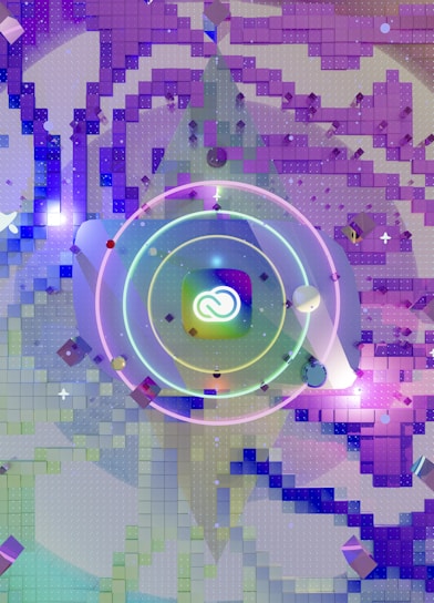 A geometric digital art composition features an abstract design with concentric circles and a central glowing symbol. Surrounded by a mosaic of colored squares and cubes, the scene is bathed in vibrant shades creating a sense of depth and motion.