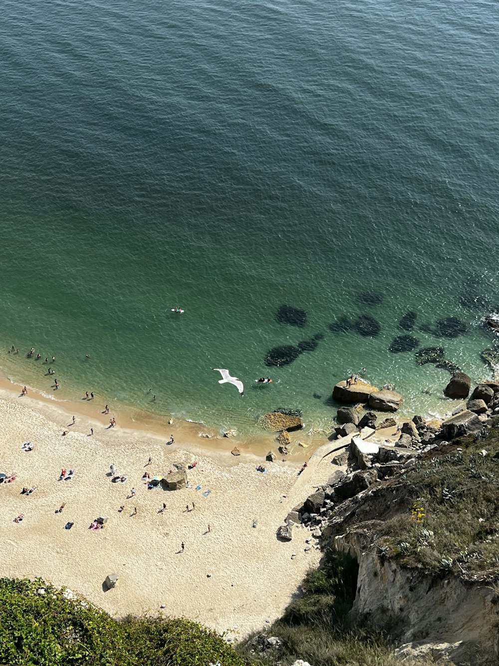 a group of people standing on top of a sandy beach