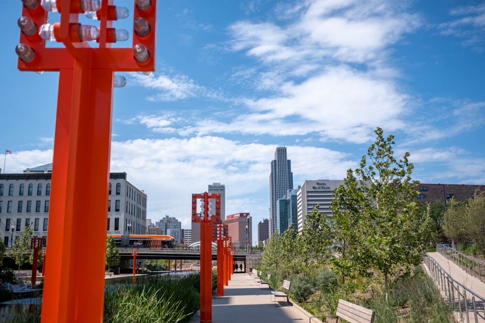 a view of a city from a walkway