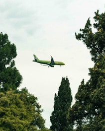 A green airplane is flying in the sky surrounded by dense green trees. The environment appears tranquil with the aircraft smoothly gliding through a clear sky. The natural landscape contrasts with the technological aspects of the airplane.