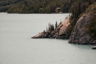 A serene lake scene with a rocky shoreline and trees extending into the water. A cabin is nestled among the trees in the background, surrounded by lush forest. The sky appears overcast, casting a muted light over the tranquil landscape.