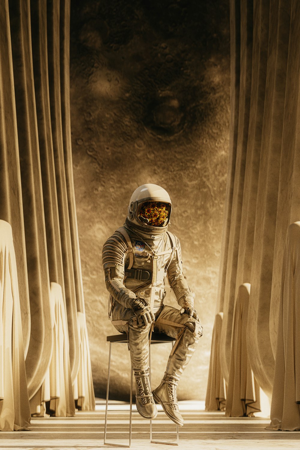 a man in a space suit sitting on a chair