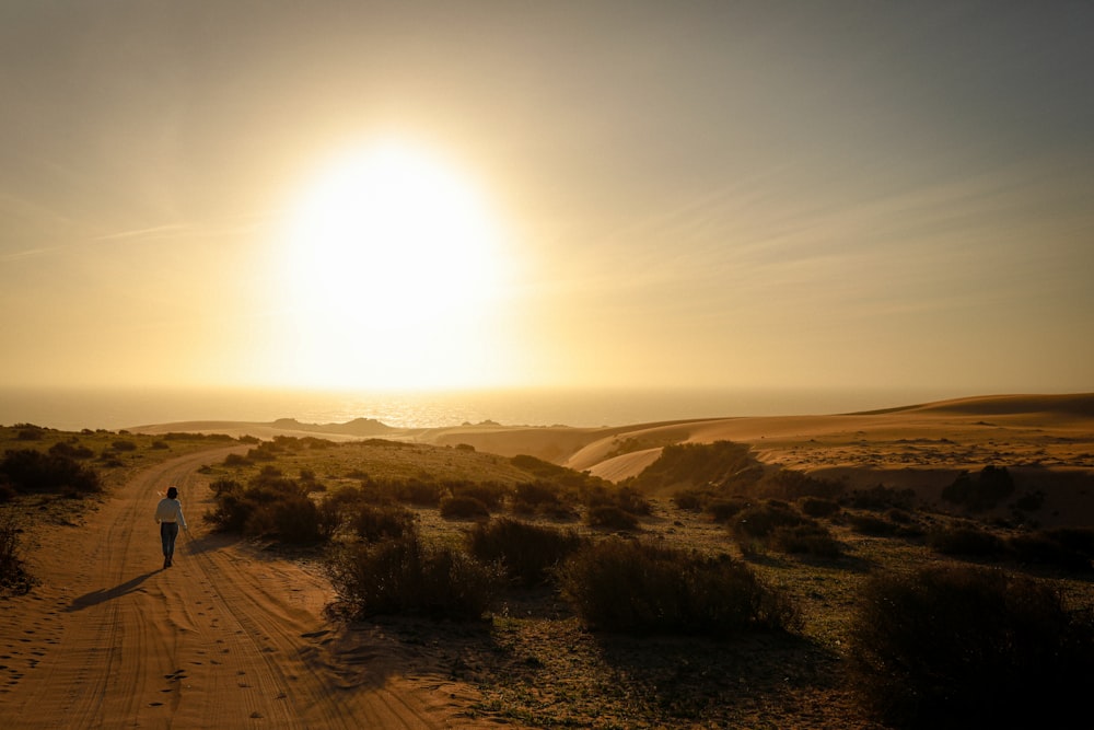 a person walking down a dirt road in the desert