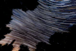 A long-exposure photo showing circular star trails over a dark forest silhouette.