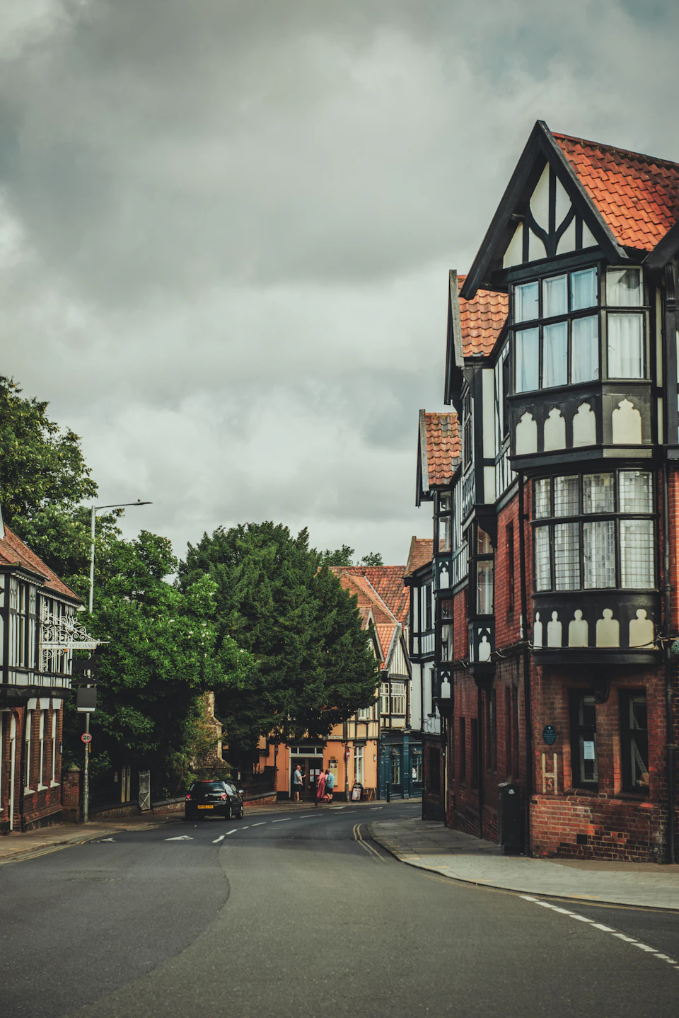 Two-story houses with red and black roofs stand among tree-lined streets under cloudy skies