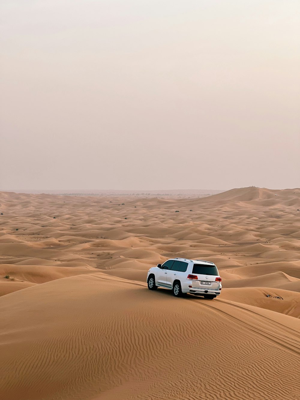 a white suv driving through the desert