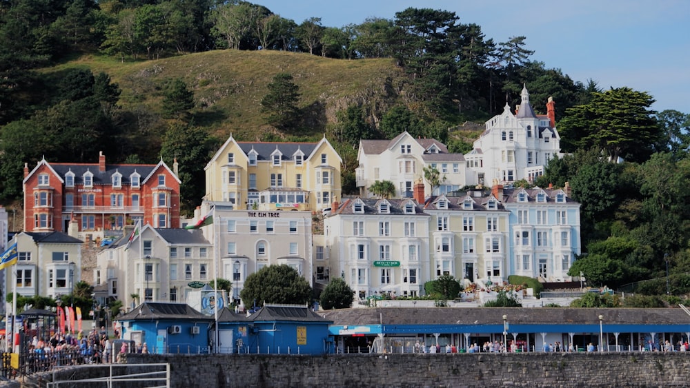 a group of houses on a hill overlooking a body of water