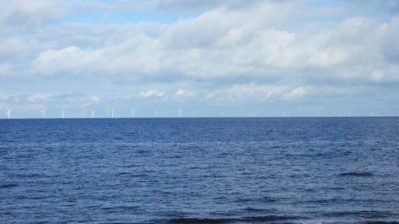 A tranquil sea with a wide expanse of blue water stretches towards the horizon, where numerous wind turbines stand against a backdrop of soft, cloudy skies. The scene conveys a sense of calm and harnesses the theme of renewable energy.