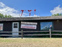 A rustic wooden building houses a laundromat with signs for wash, dry, and fold services. The signage prominently features red and blue text. Red cloth pieces are attached to antennas on the roof. The contrast between the blue sky, white clouds, and green foliage creates a quaint atmosphere.