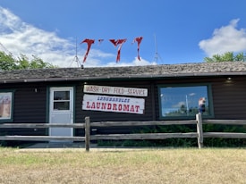 A rustic wooden building houses a laundromat with signs for wash, dry, and fold services. The signage prominently features red and blue text. Red cloth pieces are attached to antennas on the roof. The contrast between the blue sky, white clouds, and green foliage creates a quaint atmosphere.
