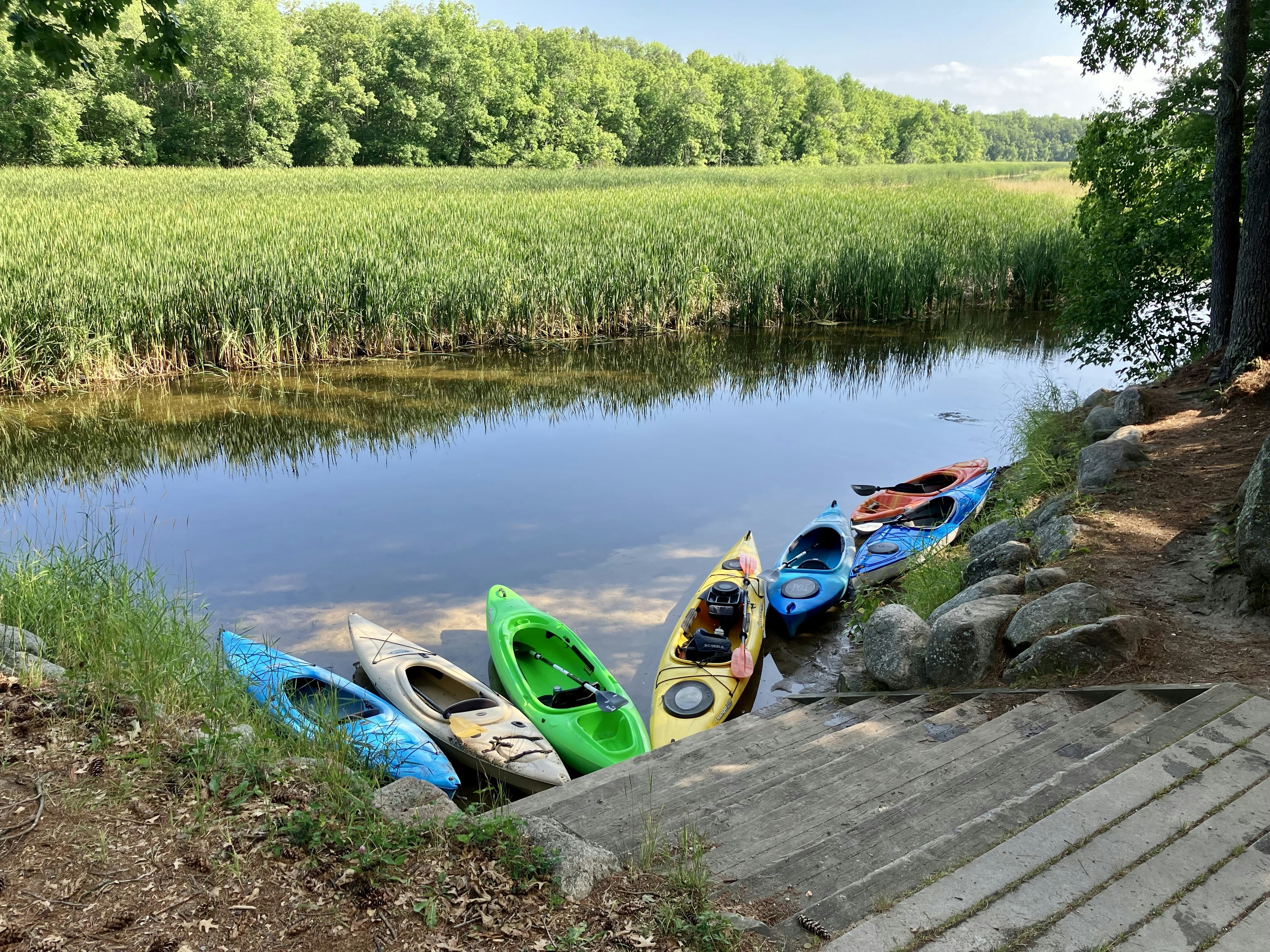 a group of kayaks sitting on top of a wooden dock