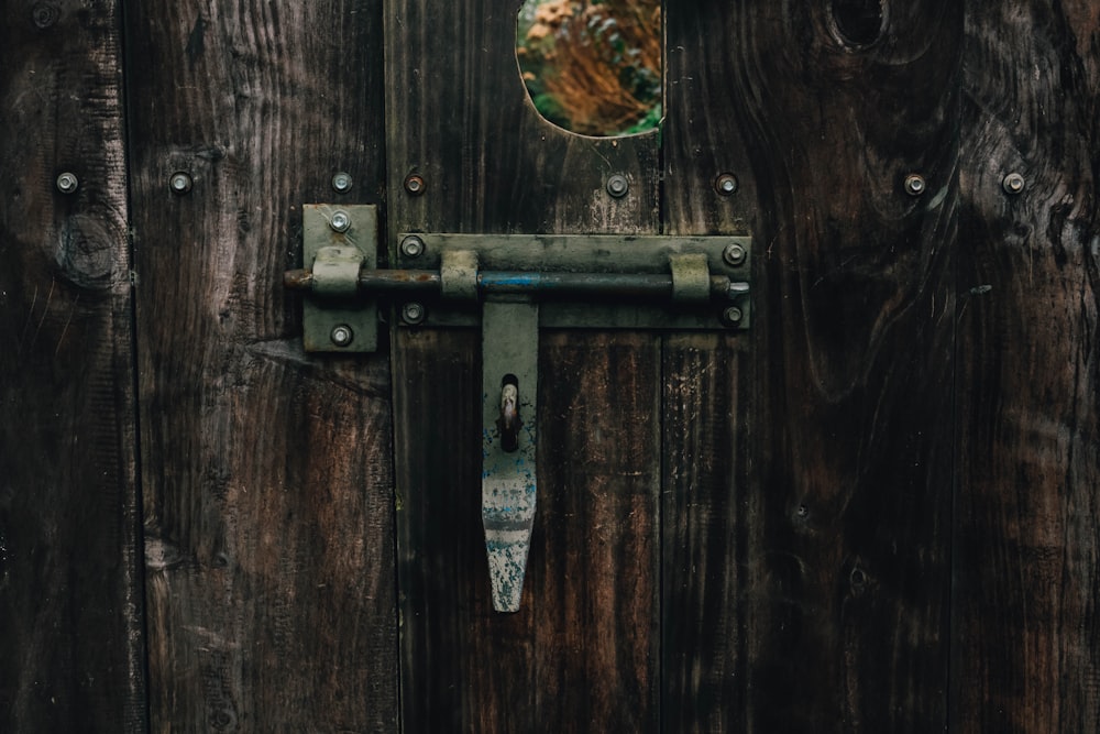 a close up of a door handle on a wooden door