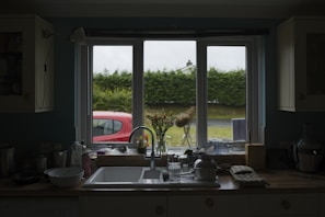 A kitchen is shown with a window view of a hedge and a red car parked outside. The countertop has various objects including a bowl, cups, glasses, and a kettle. There are small plants and flowers on the windowsill.